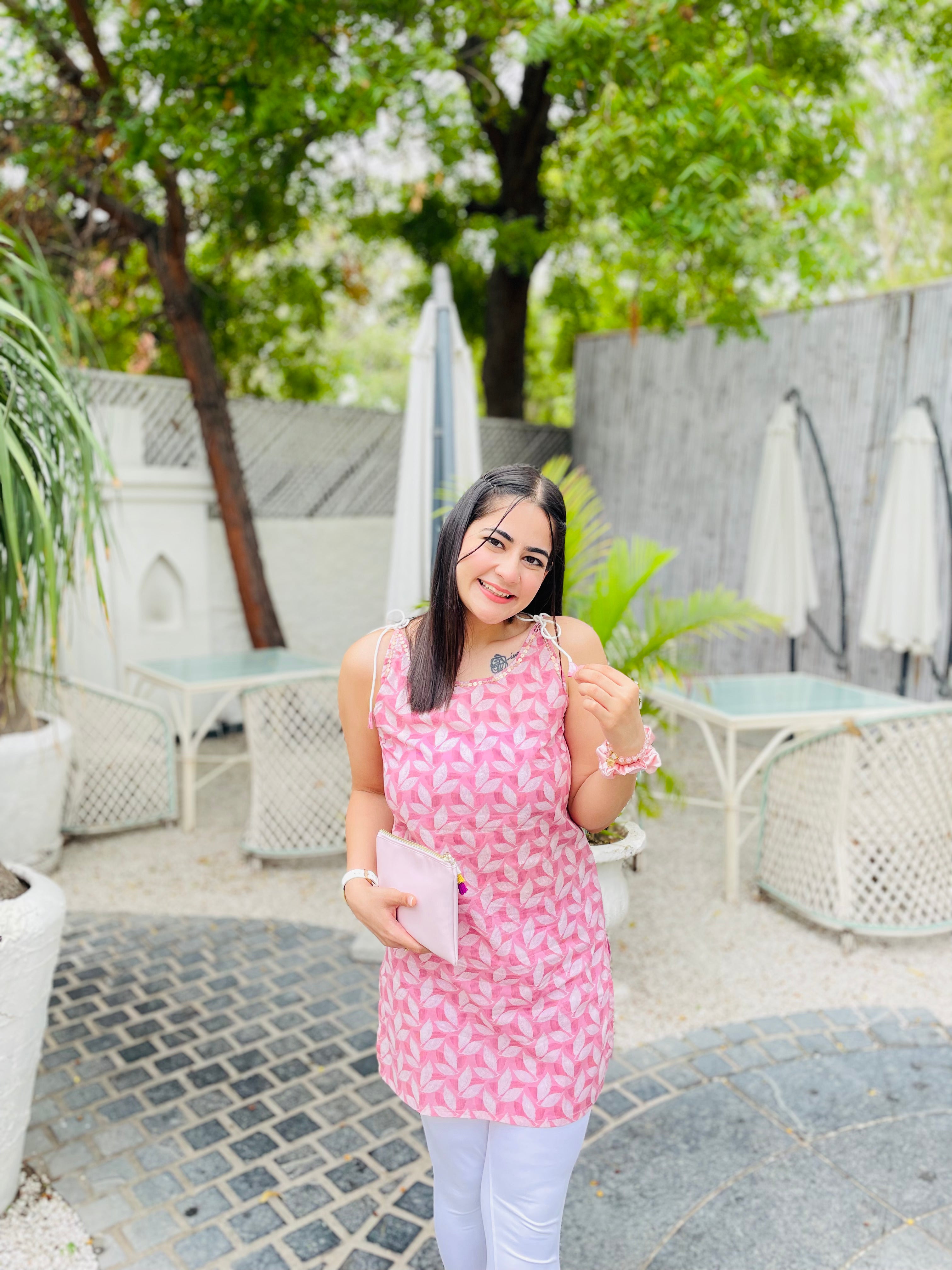 Pink Leafy Elegance Kurti